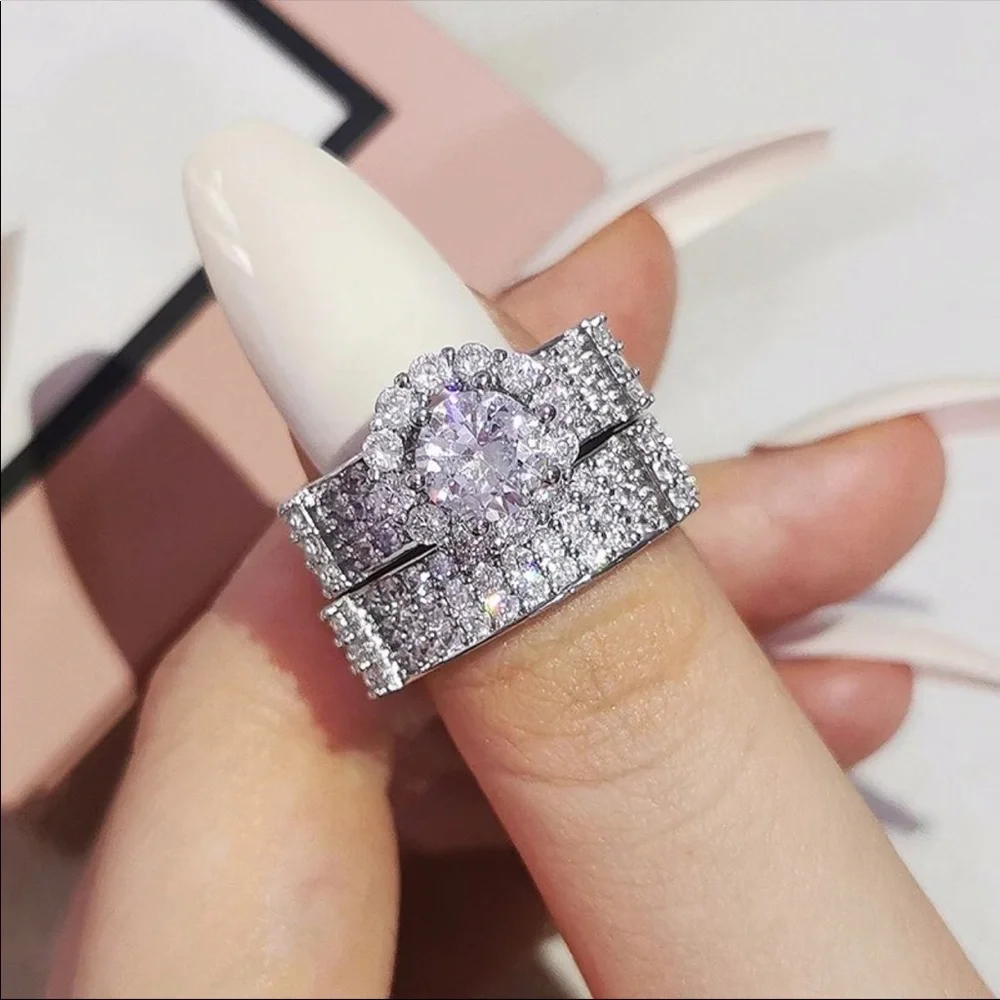 New Luxury 925 Silver 2Pc Set Round Diamond Ring - Picture 2 of 3